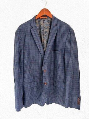 Lord & Taylor Linen Blazer Lined with Suede Elbow Patch Blue Check Size 46R